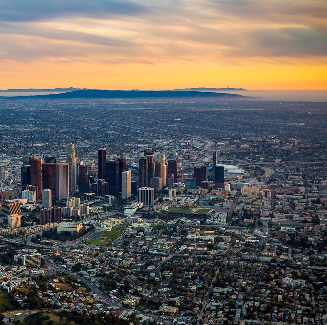 Downtown Los Angeles skyline at sunset